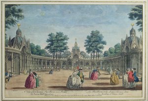 En udsigt over de kinesiske pavilloner og kasser i Vauxhall Gardens, 1751 (farvegravering) af English School